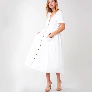 Clad & Cloth White Linen Button-Down Midi Dress with Pockets